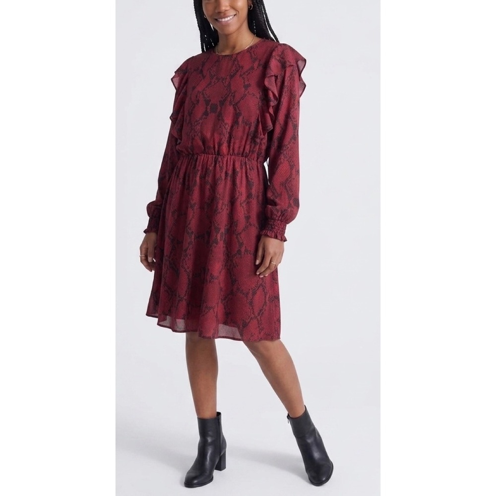 Banana Republic Burgundy Black Snakeskin Ruffle Long Sleeve Dress XL